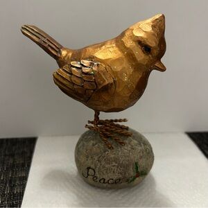 Gold Bird Figurine on Peace Stone and Holly Plant Winter Holiday Decor